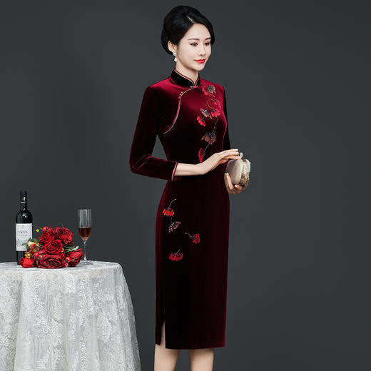 中年妈妈秋冬季加绒加厚保暖旗袍，长款高贵中老年女装金丝绒连衣裙YZL-851 商品图1