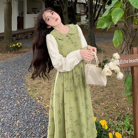 新中式【汉元素长袖 假两件娃娃领 连衣裙女】春秋款 甜美温柔 碎花长裙子