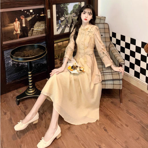 春秋季新中式【复古减龄 气质旗袍连衣裙女装】中长款 收腰国风裙子 商品图5