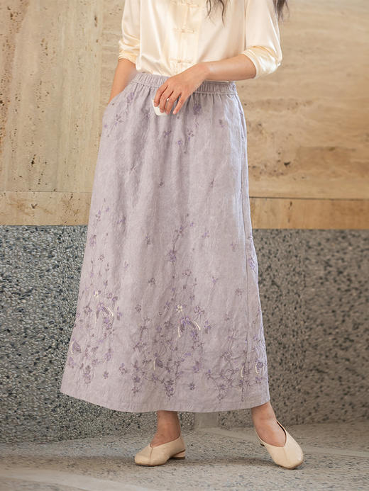 牧衣游原创 匹绣亚棉麻混纺半裙炒色素雅宽松a字半身裙 瑶花慢 商品图0