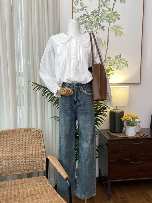 春季【法式娃娃领上衣 日系文艺系】休闲日常 木耳袖口 白色长袖衬衫女  商品图1