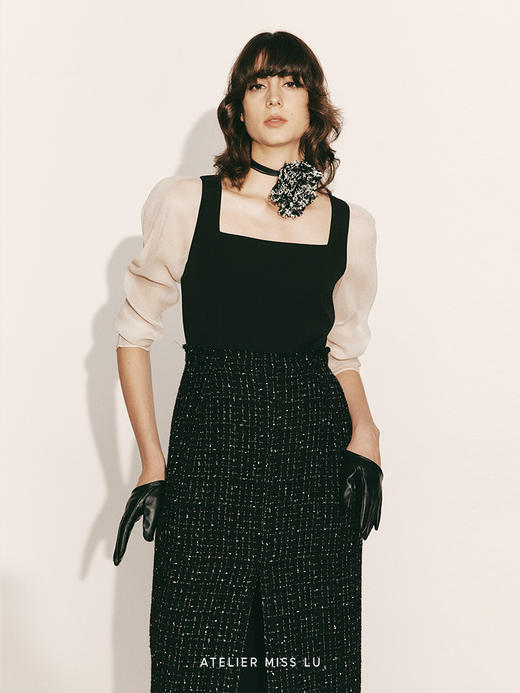 【雾色迷离】绵羊毛粗花呢拼接方领纱袖连衣裙23000055A 商品图3