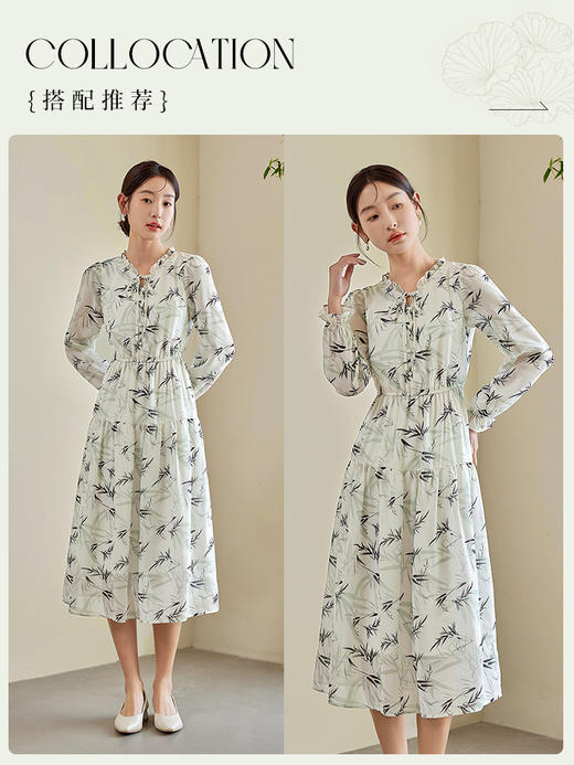 【年终特卖】熙世界国风竹叶水墨印花连衣裙长袖复古碎花雪纺裙子2025秋新款 商品图4