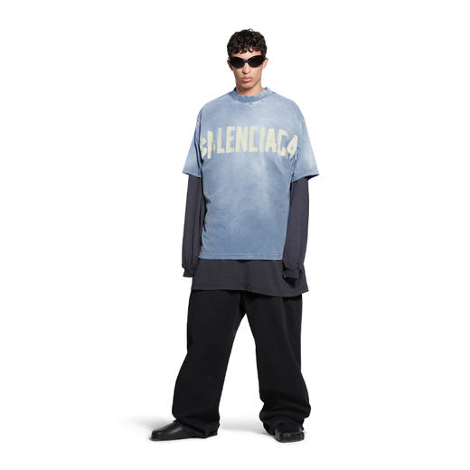 【一】BALENCIAGA 巴黎世家 男士复古平纹针织号贴带型圆领短袖T恤 蓝色 739784 TOVA9 4530 商品图1