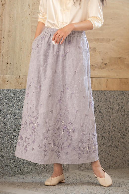 牧衣游原创 匹绣亚棉麻混纺半裙炒色素雅宽松a字半身裙 瑶花慢 商品图5