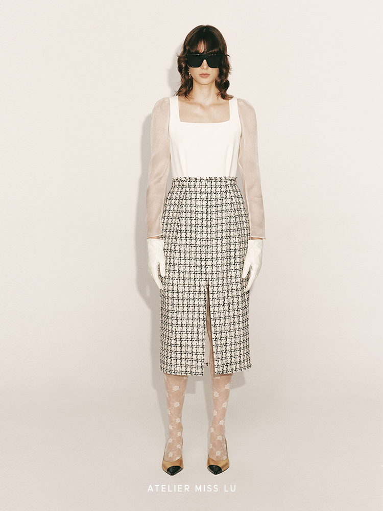 【月白】绵羊毛粗花呢拼接方领纱袖连衣裙23000055B