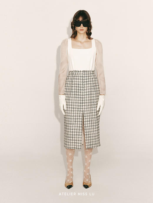 【月白】绵羊毛粗花呢拼接方领纱袖连衣裙23000055B 商品图0