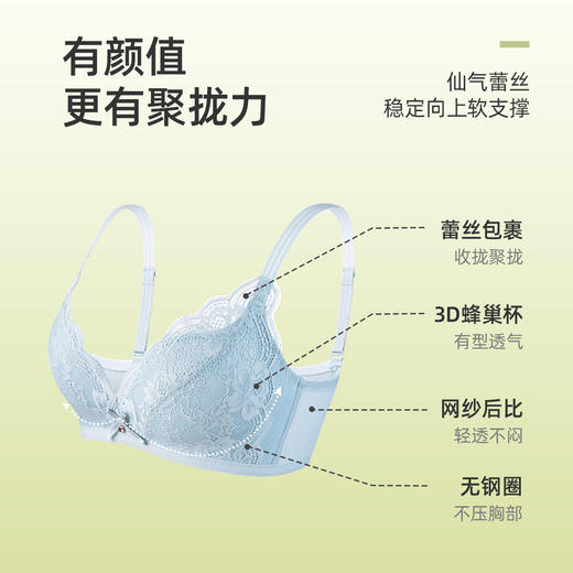 熳洁儿 透气蜂巢杯小胸显大无钢圈蕾丝内衣女收副乳聚拢文胸罩21251536 商品图1