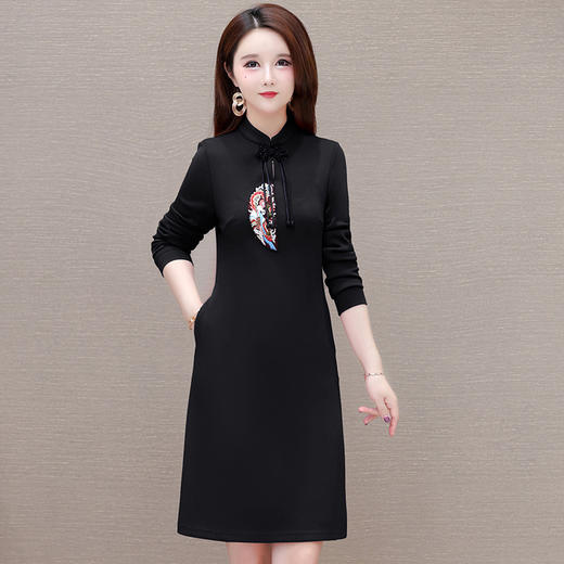 国风中式洋气时髦连衣裙，圆领长袖通勤修身大码A字裙QYM-KSY-YM2448-L 商品图1