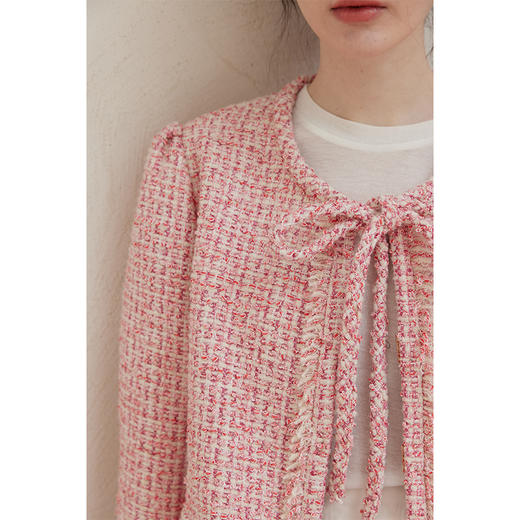 HeyDress粉色花纱小香风外套女春秋法式复古蝴蝶结系带羊毛短上衣 商品图1