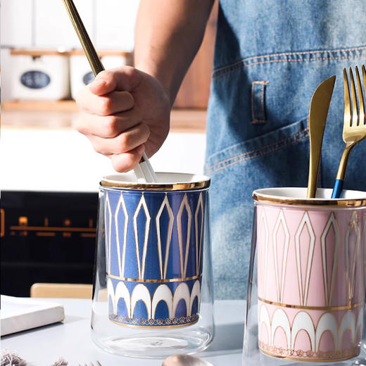 诺轩可圈轻奢可点陶瓷筷子沥水架蓝色筷笼筷子筒 商品图2