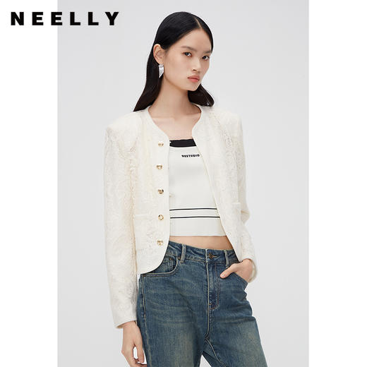 NEELLY纳俪商场同款春季亮片镂空绣花薄外套女法式气质甜美短上衣N24023C01109 商品图1