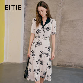 EITIE爱特爱春季新品复古印花高腰显瘦连衣裙7307026