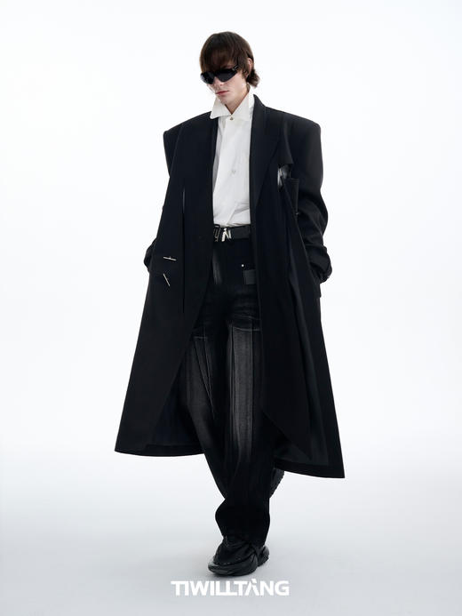 [主理人同款]TIWILLTANG启世录“嚣溯凝寂”交错镂空大衣男解构缎面中长款外套 商品图4