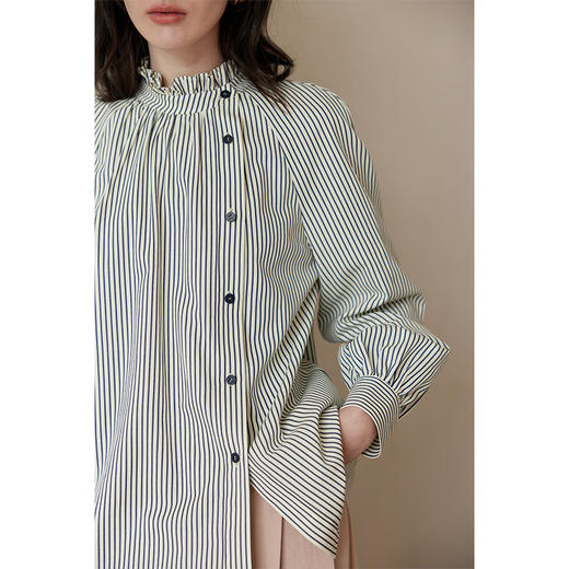 HeyDress法式花边领条纹衬衫女春秋宽松休闲侧门襟衬衣复古感上衣 商品图3