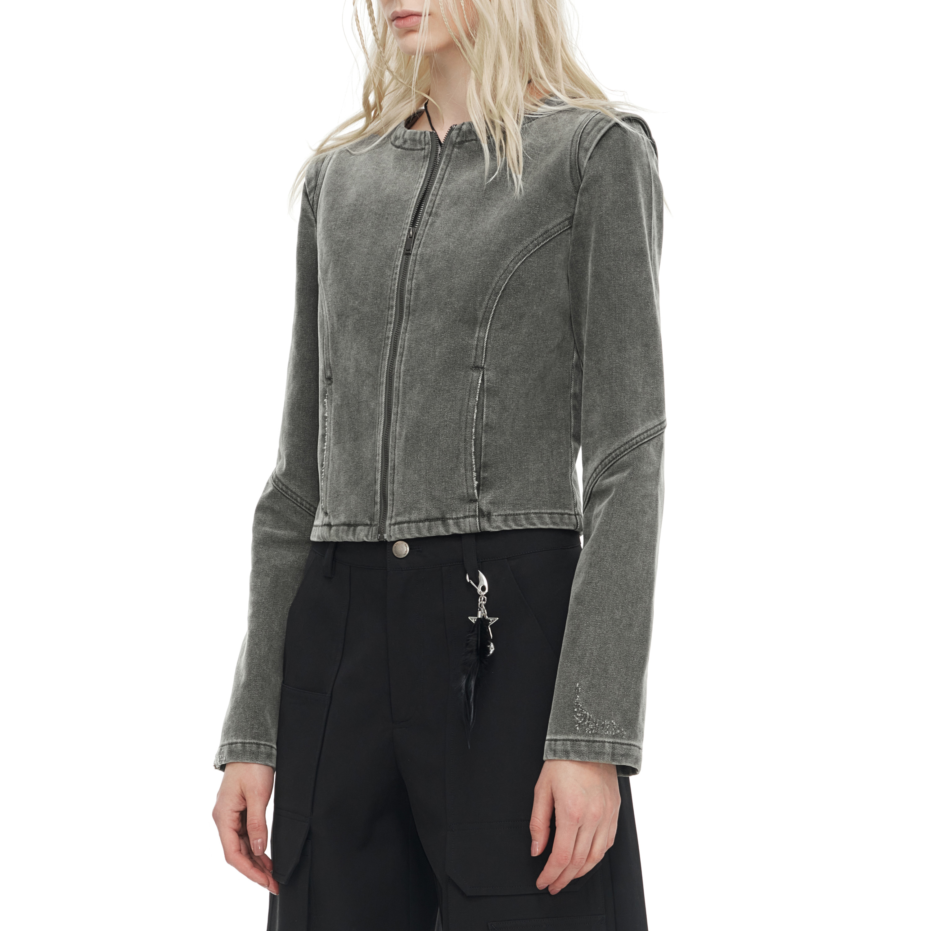 NUTH复古灰绿色水洗做旧短款修身牛仔外套女