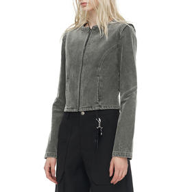 NUTH复古灰绿色水洗做旧短款修身牛仔外套女