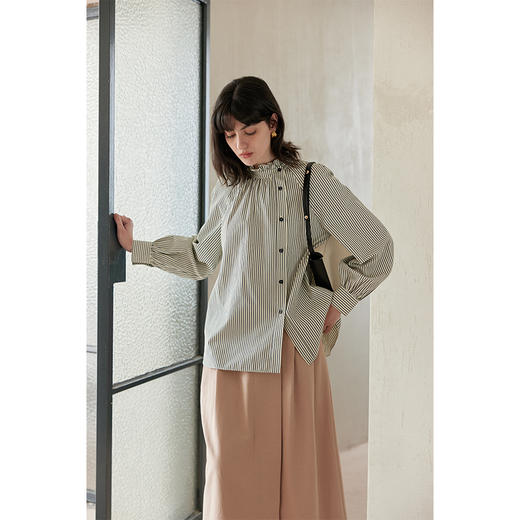 HeyDress法式花边领条纹衬衫女春秋宽松休闲侧门襟衬衣复古感上衣 商品图2