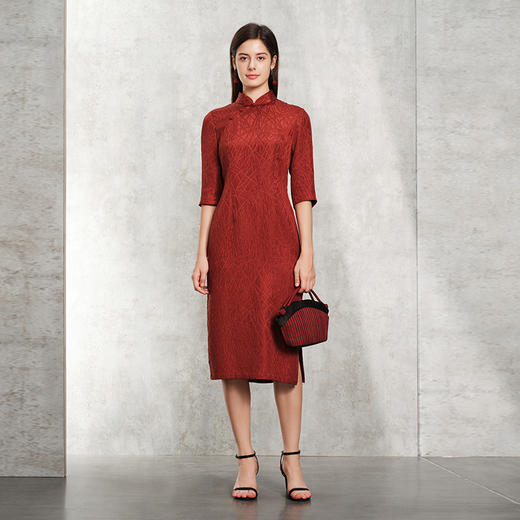 TANGY Collection天意精品2024春季新品雅致修身桑蚕丝中长旗袍连衣裙 L241814 商品图1