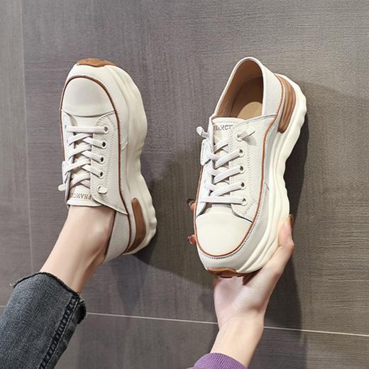 真皮踩跟两穿圆头低帮松紧带带厚底平跟休闲鞋 商品图3