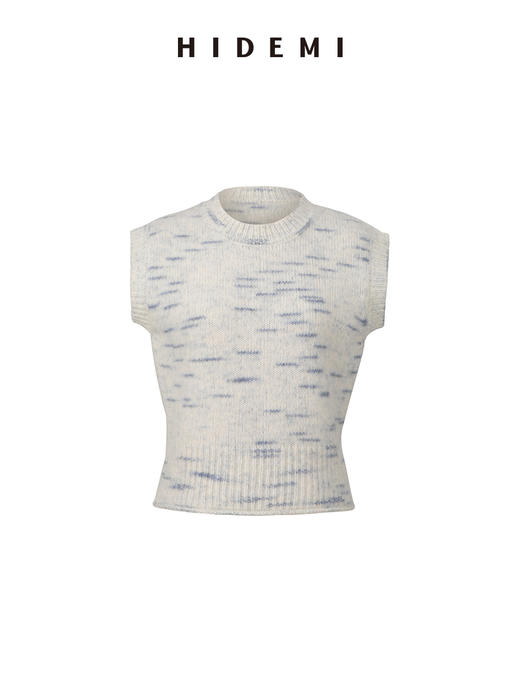 HIDEMI 蓝白花纱色澳洲进口美利奴羊毛花纱特种纱设计感圆领短款毛衣背心 商品图6