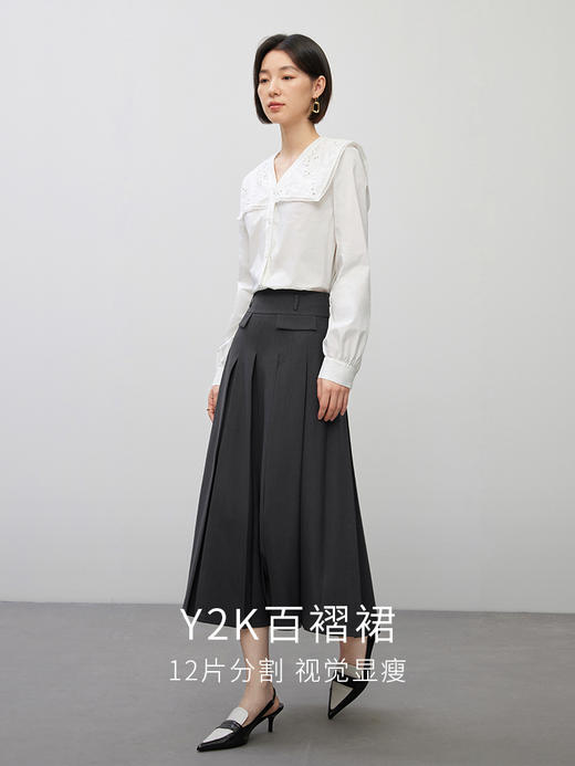 【1件75折，2件73折】熙世界复古文艺百褶半身裙2025秋季新款高腰显瘦深灰色西装长裙 商品图2