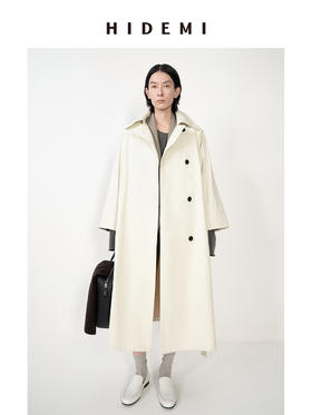 HIDEMI【佟丽娅同款】奶油米极简设计感大翻领斜纹廓形收腰长风衣