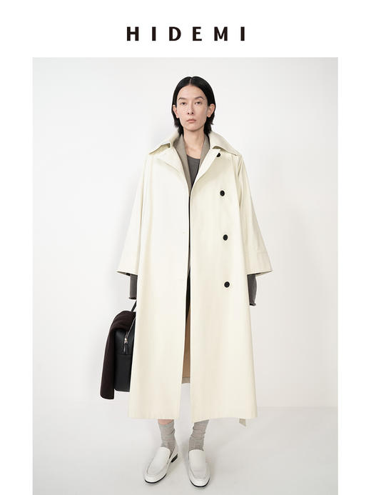 HIDEMI【佟丽娅同款】奶油米极简设计感大翻领斜纹廓形收腰长风衣 商品图0