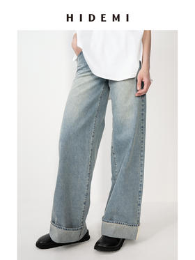 HIDEMI 灰蓝多重水洗做旧感中低腰卷边牛仔裤阔腿裤