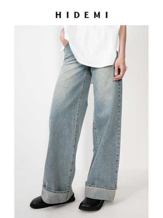 HIDEMI 灰蓝多重水洗做旧感中低腰卷边牛仔裤阔腿裤 商品图0