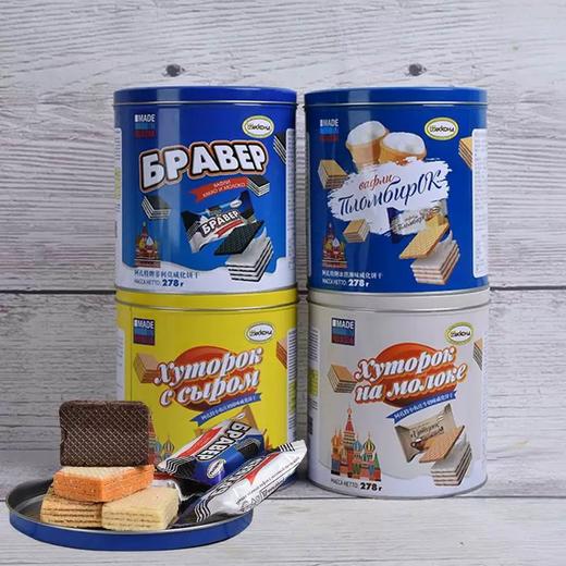 【中欧班列精选】俄罗斯进口阿孔特菲利莫味/冰淇淋味/牛奶味/奶酪味多口味夹心多层威化罐装 278g/罐 商品图3