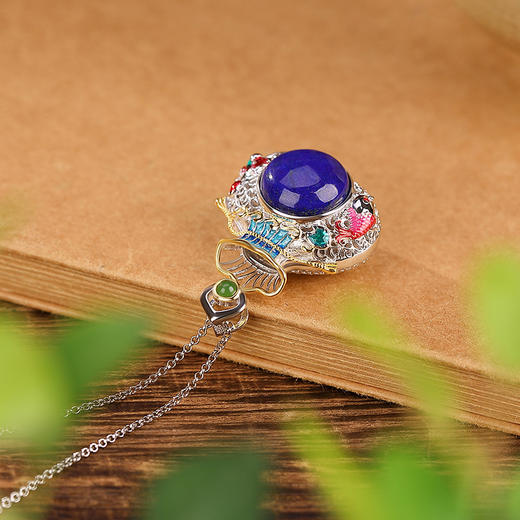 【莲花锦鲤】S925银镀金和田玉青金石珐琅福袋吊坠【CW-DZ06164】 商品图2