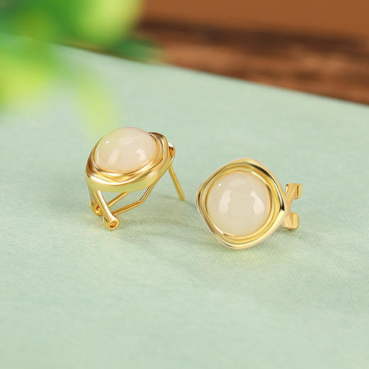 【顾恋轻尘】S925银镀金和田玉几何方形圆形耳饰【CW-ED03010】 商品图1