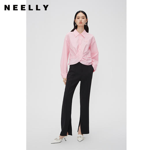 NEELLY纳俪商场同款黑色显瘦直筒开叉休闲裤女春修身百搭气质长裤N24023H01116 商品图1