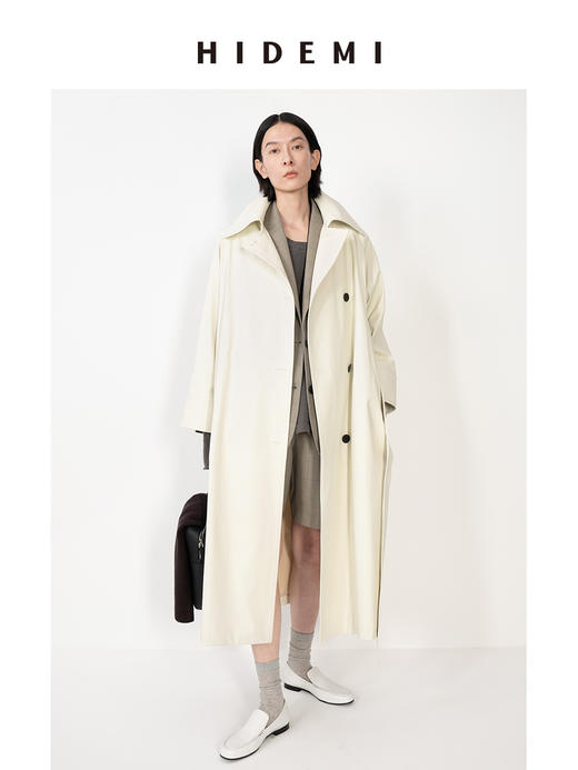 HIDEMI【佟丽娅同款】奶油米极简设计感大翻领斜纹廓形收腰长风衣 商品图3