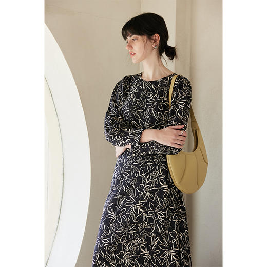 HeyDress黑白印花连衣裙女春季法式复古收腰艺术感长袖气质裙子 商品图3