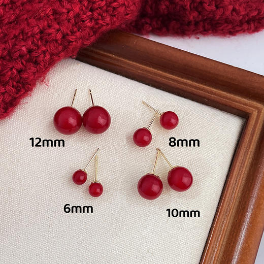 925银针【经典复古 正圆红色珍珠耳钉】通勤百搭 适合过年耳饰 耳环女 商品图0
