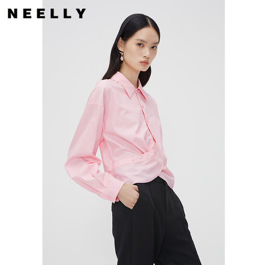 NEELLY纳俪商场同款春季粉色设计感弧形捏褶下摆高腰短款翻领衬衫N24023B01107 商品图2