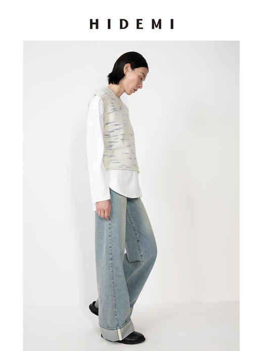 HIDEMI 蓝白花纱色澳洲进口美利奴羊毛花纱特种纱设计感圆领短款毛衣背心 商品图3