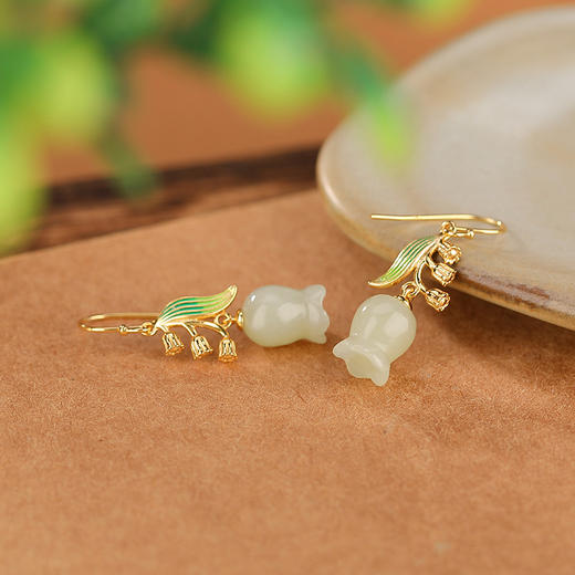 【铃兰花】S925银镀金和田玉珐琅耳钩【CW-EG01884】 商品图2