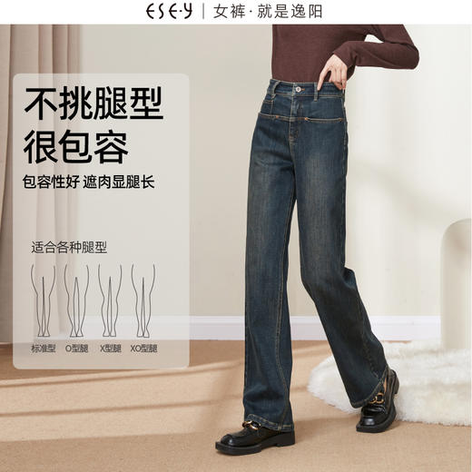 逸阳一字口袋直筒牛仔裤女2024年冬季新款加绒窄版阔腿裤子0638 商品图1