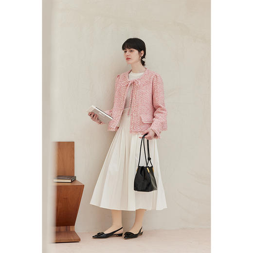 HeyDress粉色花纱小香风外套女春秋法式复古蝴蝶结系带羊毛短上衣 商品图3