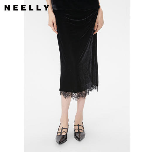 NEELLY纳俪商场同款丝绒套装裙春蕾丝拼接开叉半身裙女七分袖上衣N24023Z01124 商品图2
