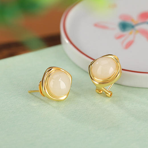 【顾恋轻尘】S925银镀金和田玉几何方形圆形耳饰【CW-ED03010】 商品图2