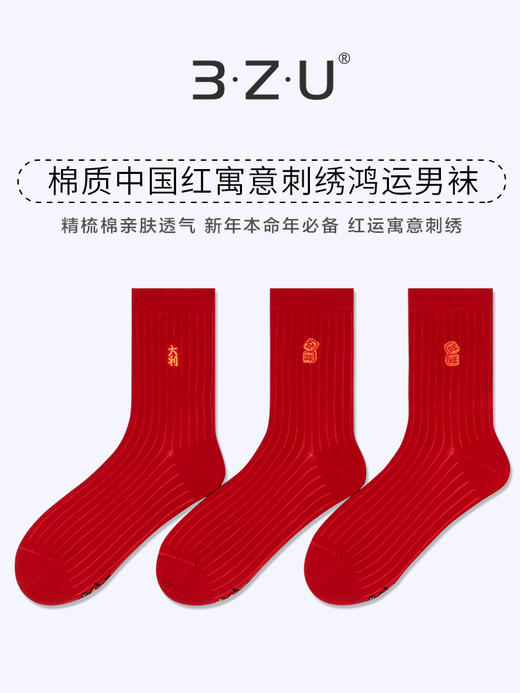 足装秀新品秋冬男棉红袜子刺绣红运本命年新年喜庆节日中长邦男袜 商品图0