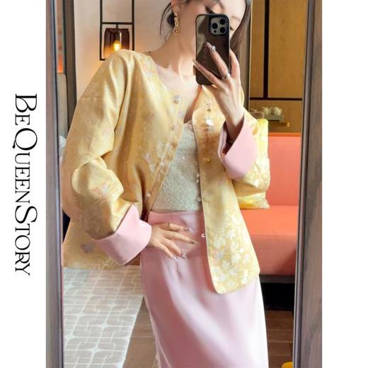 BeQueenStory【凤冠芳华】新中式蝴蝶花纹提花撞色国风上衣女外套 商品图2