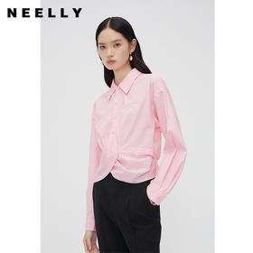 NEELLY纳俪商场同款春季粉色设计感弧形捏褶下摆高腰短款翻领衬衫N24023B01107