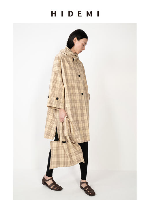 HIDEMI 卡其格纹廓形伞状长款风衣套装 商品图5