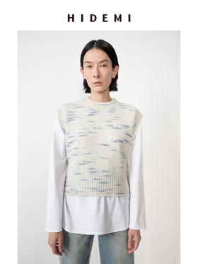 HIDEMI 蓝白花纱色澳洲进口美利奴羊毛花纱特种纱设计感圆领短款毛衣背心