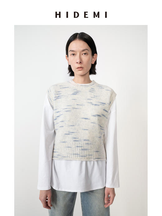 HIDEMI 蓝白花纱色澳洲进口美利奴羊毛花纱特种纱设计感圆领短款毛衣背心 商品图0